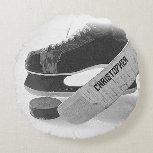 Hockey Black Skates Personalized Round Pillow (Front)