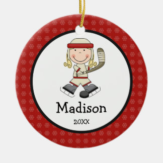 Hockey Blonde Girl Kids Personalized Christmas Ceramic Ornament