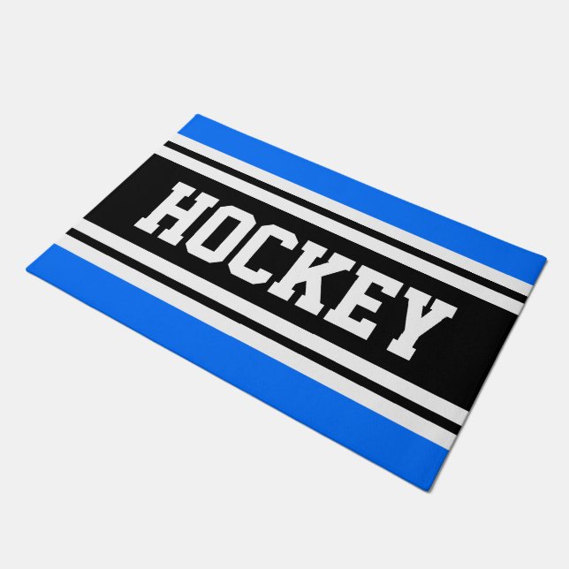 HOCKEY Bold Bright Blue Black White Racing Stripes Doormat (Angled)