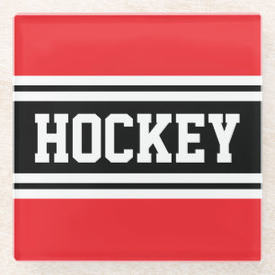 HOCKEY Bold Bright Red Black White Racing Stripes Glass Coaster