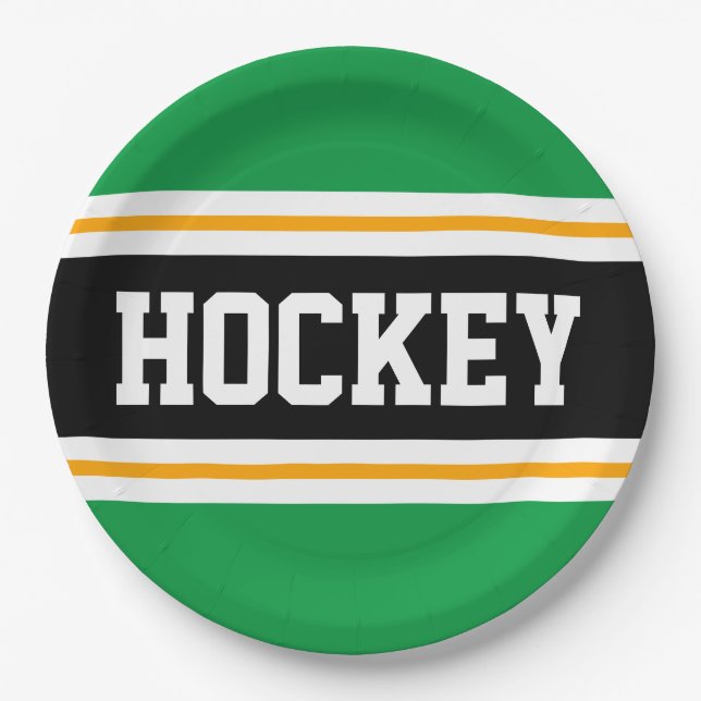 HOCKEY Bold Green Black Yellow Racing Stripes Paper Plate (Front)
