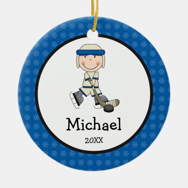 Hockey Boy Kids Personalized Christmas Ceramic Ornament (Front)