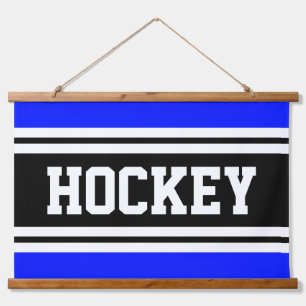 HOCKEY Bright Blue Black White Racing Stripes Hanging Tapestry
