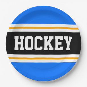 HOCKEY Bright Blue Black Yellow Racing Stripes Paper Plate