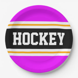 HOCKEY Bright Pink Black Orange Racing Stripes Paper Plate