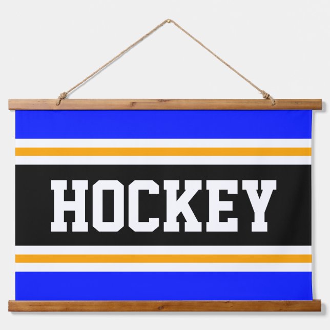 HOCKEY Bright Vivid Blue Black Yellow Stripes Hanging Tapestry (Front)