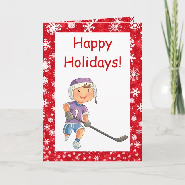 Hockey Christmas card - Boy player - red with snow (Front)