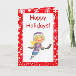 Hockey Christmas card - Girl player - red white