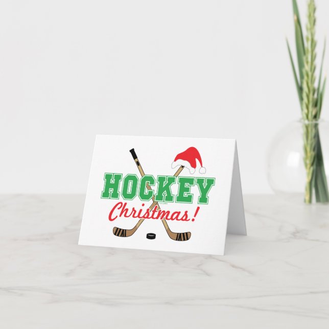 Hockey Christmas Card Red and Green with Santa Hat (Front)