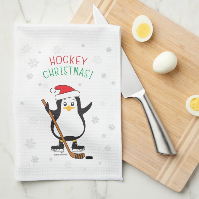 Hockey Christmas Penguin Santa Hat Snowflakes Kitchen Towel (Quarter Fold)