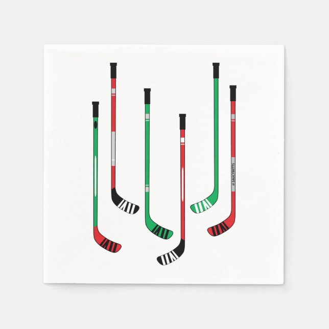 Hockey Christmas Red & Green Hockey Sticks Napkin (Front)