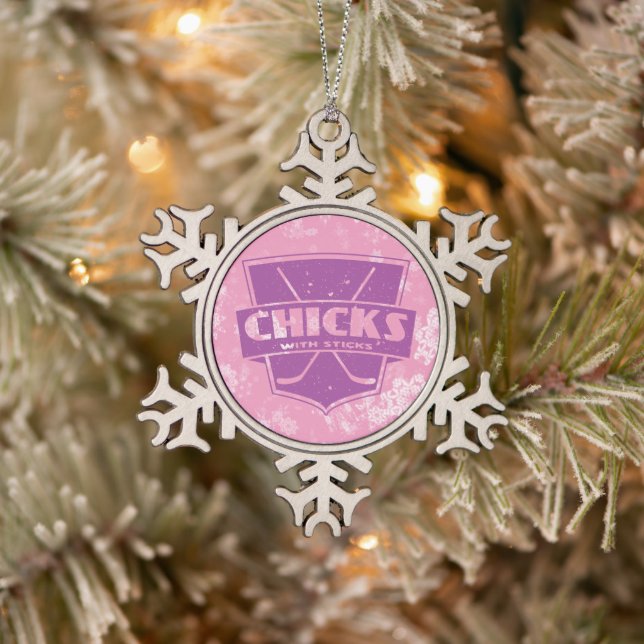 Hockey Christmas Snowflake Ornament, Xmas Chicks Snowflake Pewter Christmas Ornament (Tree)