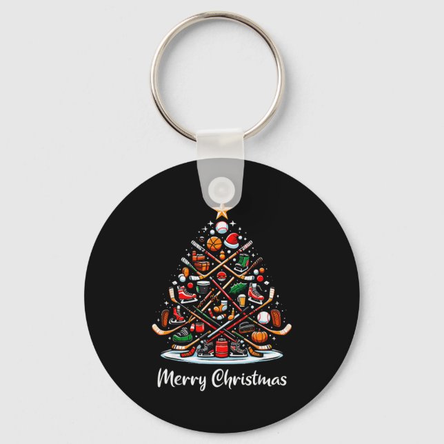 Hockey Christmas Tree Lights Funny Hockey Player X Keychain (Front)
