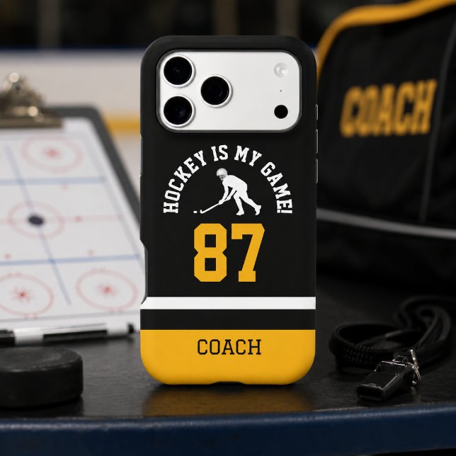 Hockey Coach Jersey Number Design (Black and gold hockey coach phone case with bold jersey number style)