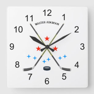 Hockey Crossed Sticks and Puck Square Wall Clock