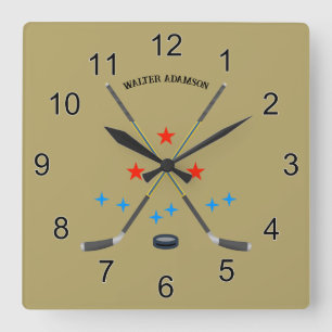 Hockey Crossed Sticks and Puck Square Wall Clock