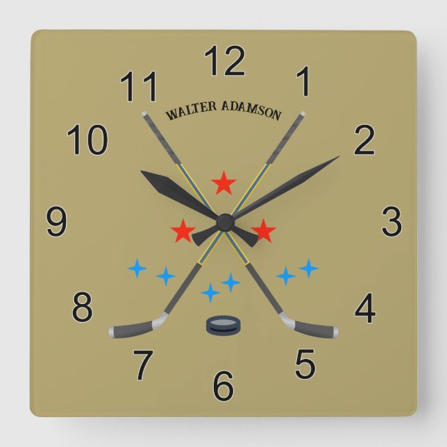 Hockey Crossed Sticks and Puck Square Wall Clock (Front)