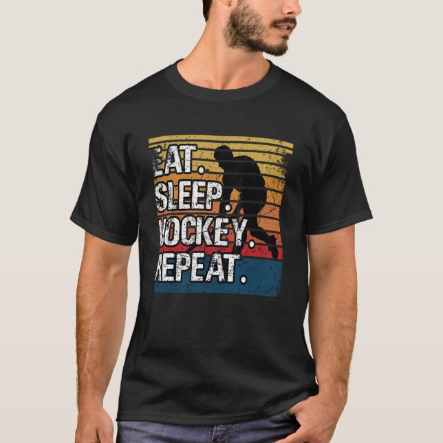 Hockey Eat Sleep Hockey Repeat Retro Vintage 70's  T-Shirt (Front)