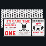 Hockey First Year Down 1st Birthday Ticket Invitation<br><div class="desc">Celebrate your little all-star’s first trip around the rink with this Hockey First Year Down 1st birthday invitation! Perfect for your future goal-scorer, this fun and sporty invite features hockey-themed graphics and customizable event details. Whether you're hosting a party at home, on the ice, or at a rink-side venue, this...</div>