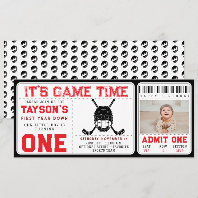 Hockey First Year Down 1st Birthday Ticket Invitation (Front/Back)