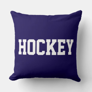 HOCKEY Fun Athletic White Text On Bold Navy Blue Throw Pillow