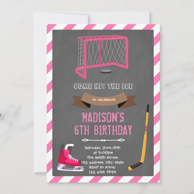 Hockey girl birthday theme party invitation (Front)