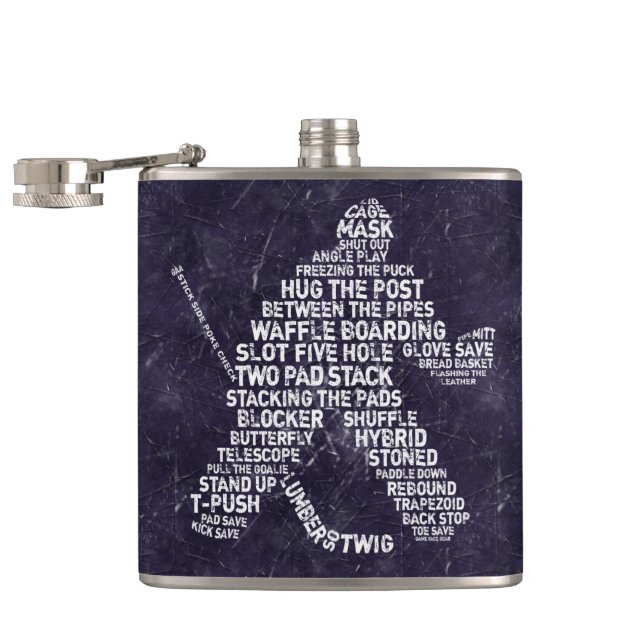 Hockey Goalie Calligram Hip Flask, Ice Background Flask (Opened)
