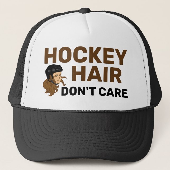 Hockey Hair Don't Care Brunette Trucker Hat (Front)