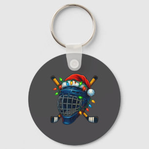 Hockey Helmet Christmas Lights Santa Hat Design Xm Keychain