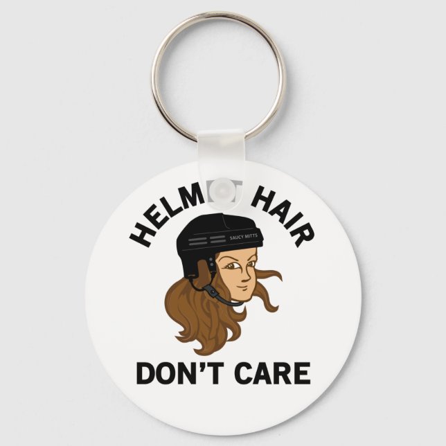 Hockey Helmet Hair Don't Care Brunette Keychain (Front)
