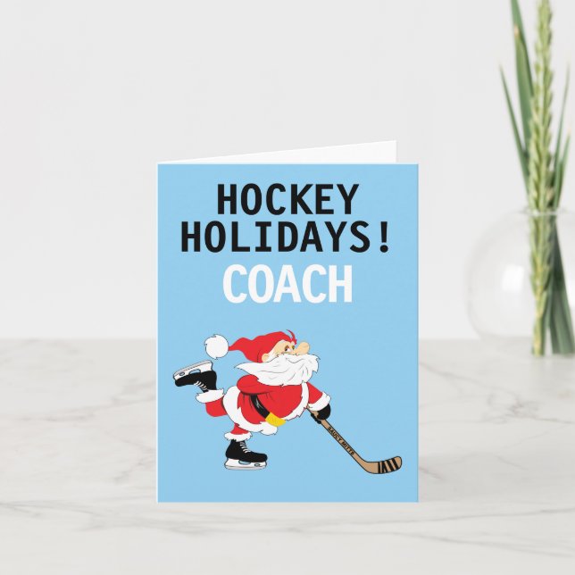 Hockey Holidays Coach Santa Skating Christmas Holiday Card (Front)