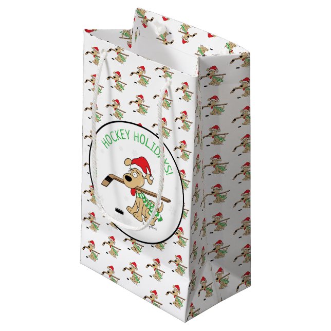 Hockey Holidays Hockey Dog Small Gift Bag (Front Angled)