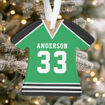 Hockey Jersey Sports Team Uniform Green and Black Ornament<br><div class="desc">Hockey Jersey Sports Team Uniform Ornament. This hockey jersey ornament is perfect for anyone who plays school sports or loves watching sports. Personalize this custom design with your own team name and jersey number.</div>