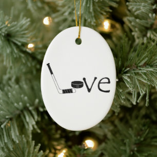Hockey Love Word Art with Stick and Puck Ceramic Ornament