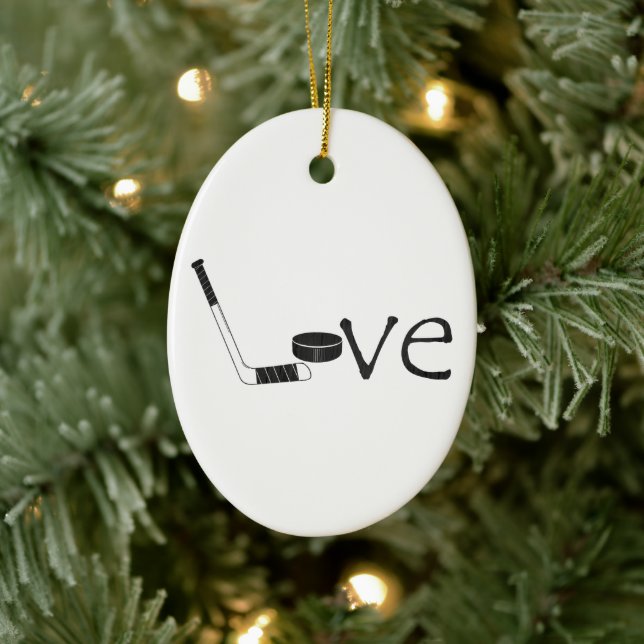 Hockey Love Word Art with Stick and Puck Ceramic Ornament (Tree)