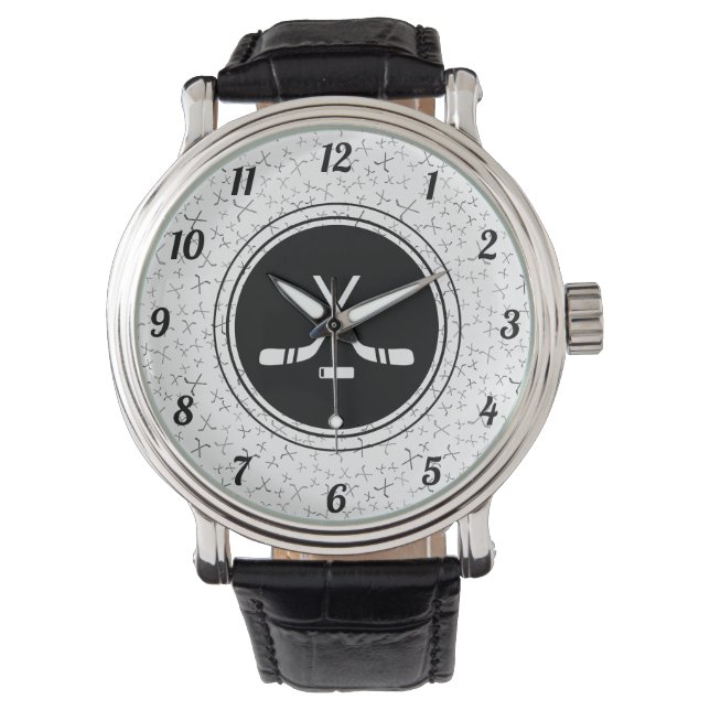 Hockey Lover Sports Pattern Black & White Stylish Watch (Front)