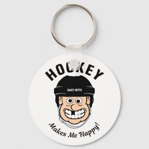 Hockey Makes Me Happy Funny Cartoon Hockey Player Keychain