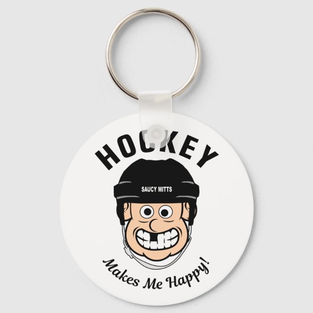 Hockey Makes Me Happy Funny Cartoon Hockey Player Keychain (Front)