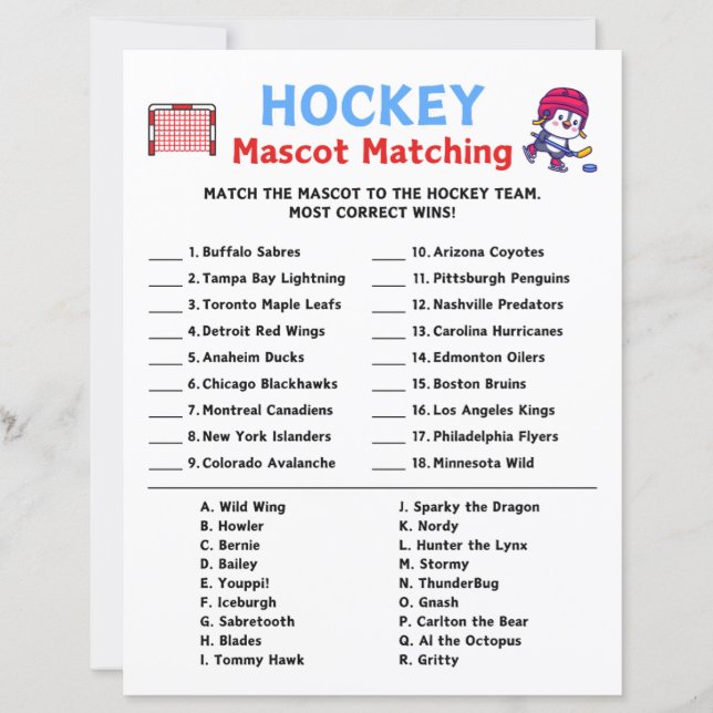 Hockey Mascot Matching Game (Front)