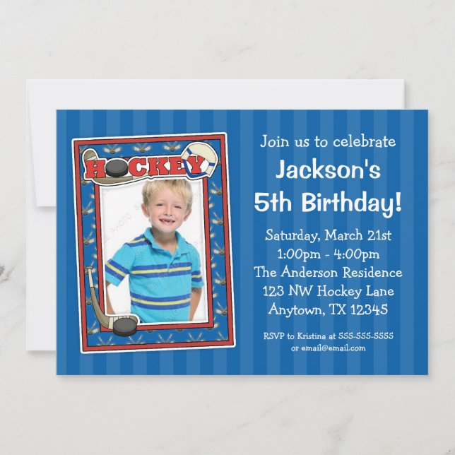 Hockey Photo Birthday Party Blue Invitations (Front)