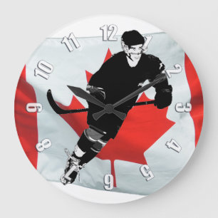 Hockey Player  and Canadian Flag Large Clock