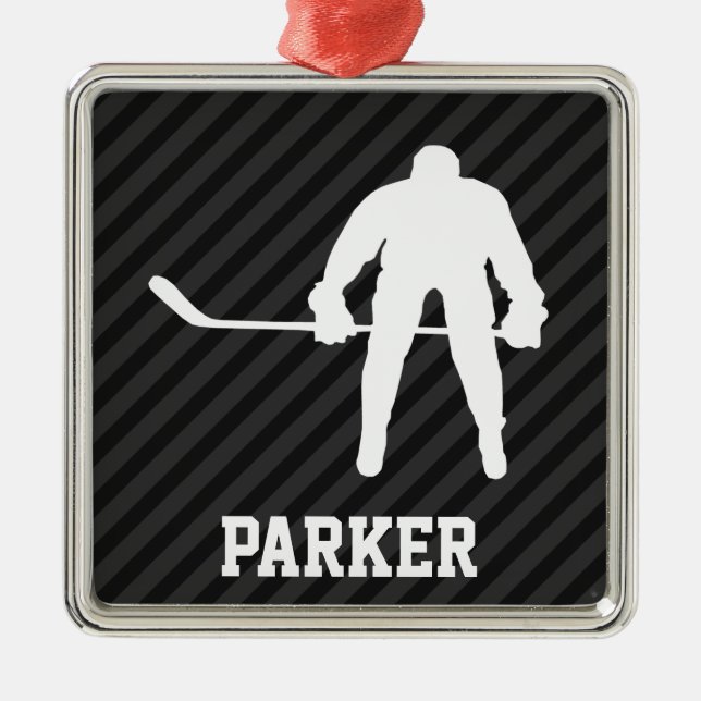 Hockey Player; Black & Dark Grey Stripes Metal Ornament (Front)