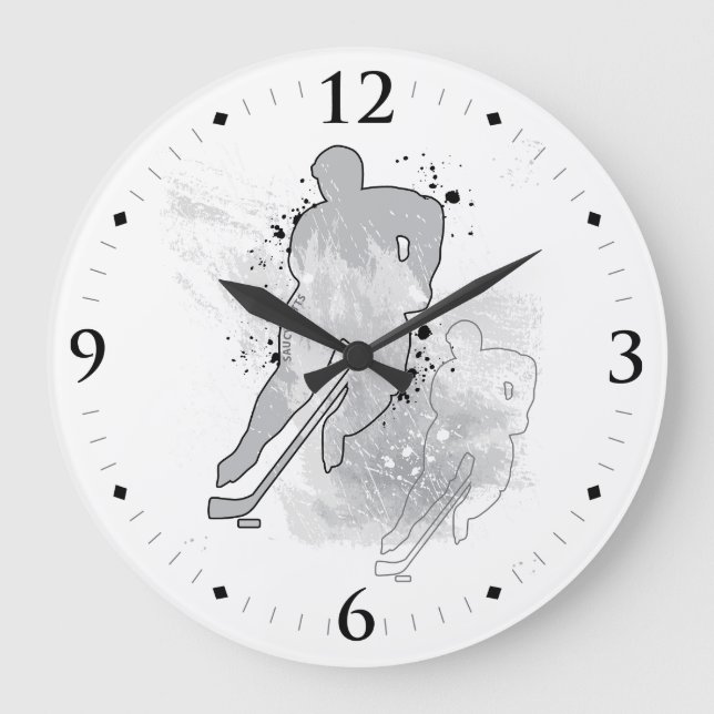 Hockey Player Double Vision Grey Ice Man Cave Large Clock (Front)