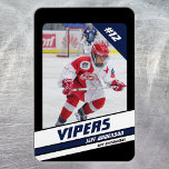 Hockey Player Keepsake On Vibrant Blue Black Magnet<br><div class="desc">** IMPORTANT: Sample photo for demonstration only. The image is not included in the final product. Customer photo required. ** Introducing our sleek and dynamic Black Blue Ice Hockey Jersey Number Trading Card Magnet, the perfect addition to any young hockey enthusiast's collection! Crafted with a stylish design featuring a young...</div>