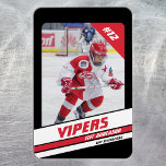 Hockey Player Keepsake On Vibrant Red Black Magnet<br><div class="desc">** IMPORTANT: Sample photo for demonstration only. The image is not included in the final product. Customer photo required. ** Introducing our striking Black Red Ice Hockey Jersey Number Trading Card Magnet, a must-have for any young hockey aficionado! This magnet exudes style and dynamism, featuring a young hockey player in...</div>