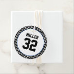 Hockey Player Name Number Game Puck Sports Fun Favour Tags<br><div class="desc">Hockey Puck Design with blue trim and custom NAME, NUMBER in Black on white. Easy to personalize text, text colour, font, trim to your own team colours. Cool gift wrap for the Hockey Fan at any age. Players, Coach, Fans, Parents, Team Awards, Fundraisers, Party Favours. Timeless. Mix and match entire...</div>