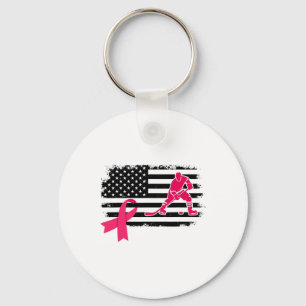 Hockey Player Pink Ribbon Usa Flag Breast Cancer A Keychain
