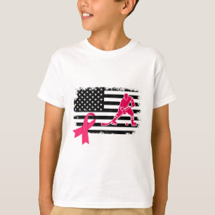 Hockey Player Pink Ribbon Usa Flag Breast Cancer A T-Shirt