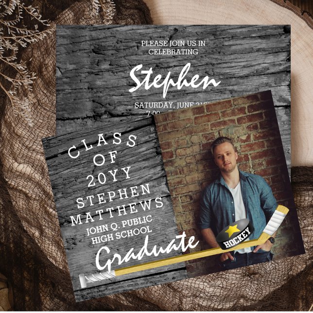 Hockey Player Sports Rustic Photo Graduation Invitation (Rustic Barnwood Hockey Player Photo Graduation Announcement and Party Invitation - Print | Digital)