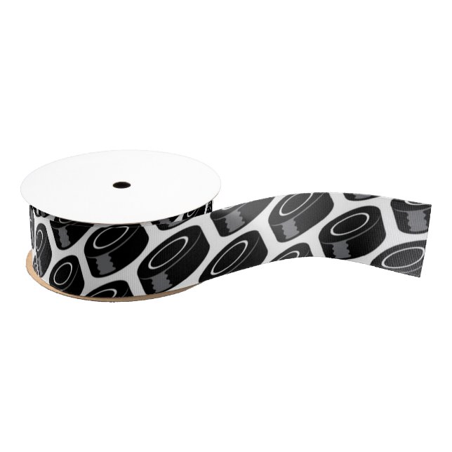 Hockey Puck Pattern Fun Sports Grosgrain Ribbon (Spool)
